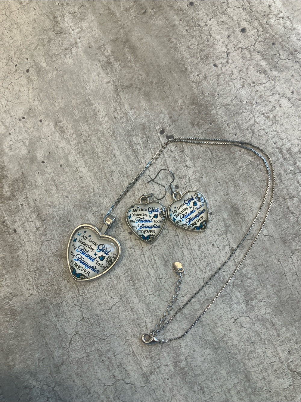 Silver Heart Pendant Necklace and Earrings Set - Blue Script